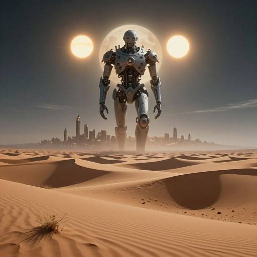 Photorealistic CGI of a metallic humanoid robot walking through a desert with a full moon and two suns in the sky, with a cityscape in