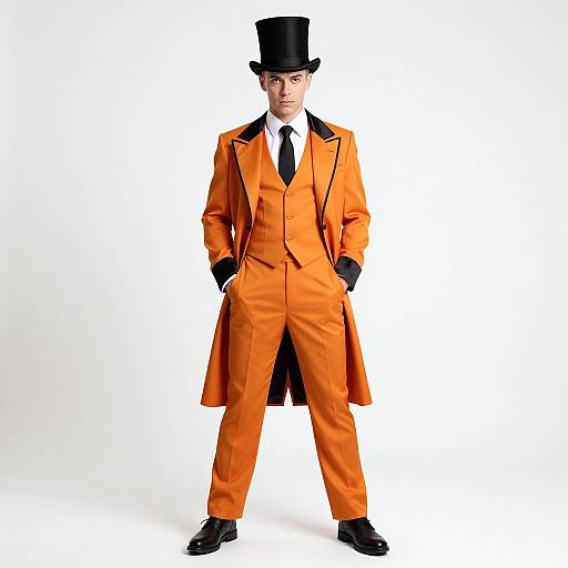 Photograph of a young man in an orange long coat, black top hat, black tie, white shirt, black gloves, and black shoes, standing