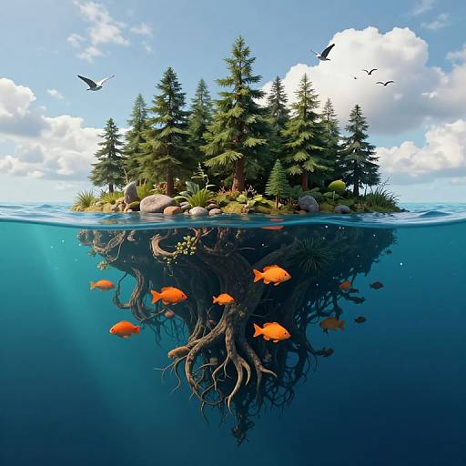 Photorealistic digital artwork of a tree-covered island with orange fish swimming underwater, visible roots, and clear blue sky with clouds. Birds fly above.
