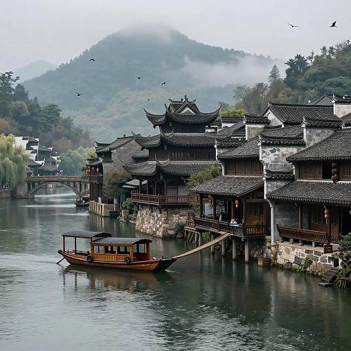 Tranquil Water Town in Misty Mountains