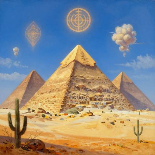 Digital artwork of three pyramids in a desert with cacti, blue sky, glowing circular symbols, and floating clouds.