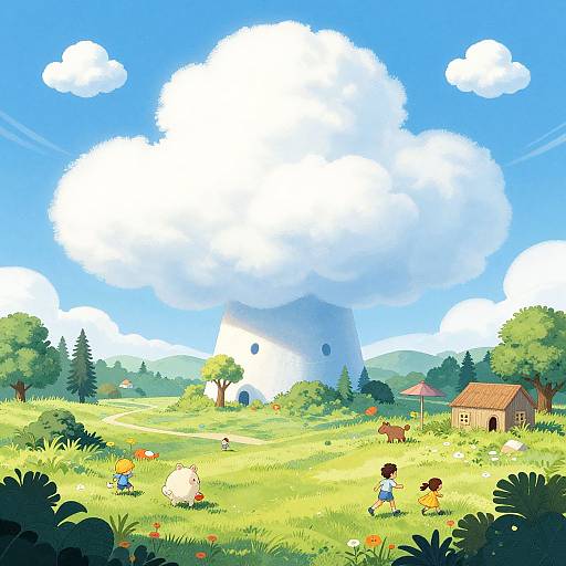 Fantasy Utopian Meadow with Children and Animals