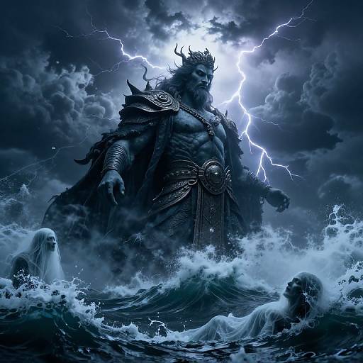 Digital art of a muscular, dark-skinned, horned god emerging from stormy waves, lightning illuminating his armored, crowned figure, with spl