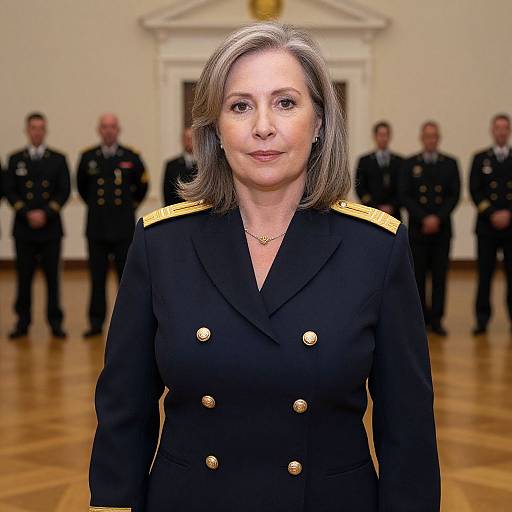 Photograph of a middle-aged woman with shoulder-length brown hair, wearing a black military-style jacket with gold epaulettes, standing in a formal