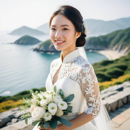 Bride in Lace Wedding Dress by the Sea