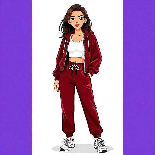 Sporty Woman in Red Velvet Tracksuit