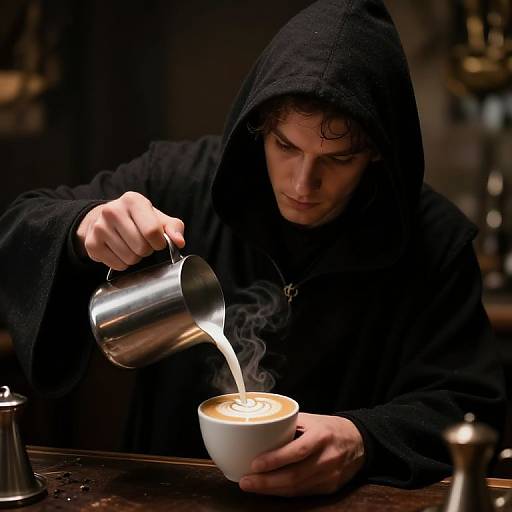 Hooded Mage Crafting Magical Latte