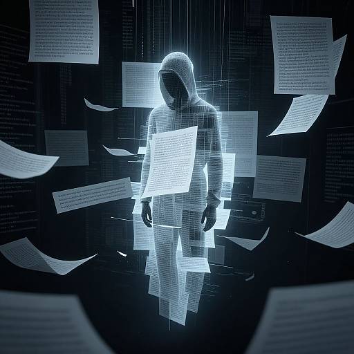 Digital art: Silhouetted hooded figure in glowing blue, surrounded by floating, illuminated papers against a dark, grid-patterned background.