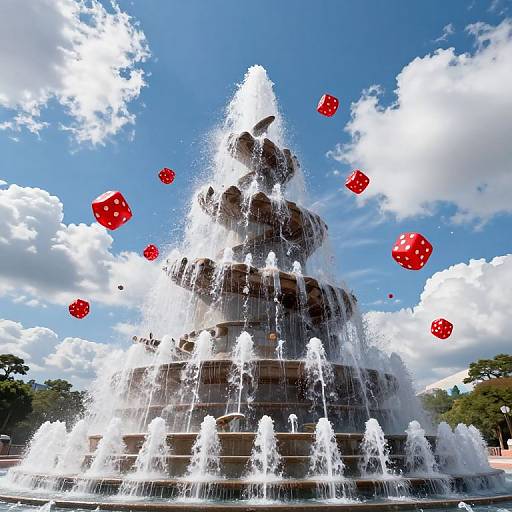 Surreal Fountain Staircase with Floating Dice