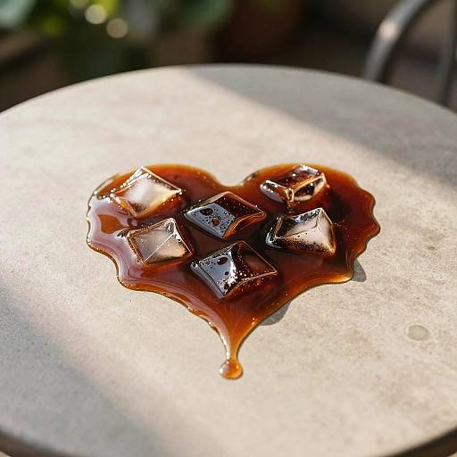 Photograph of glossy, amber-colored syrup pooling on a white plate, with three glistening ice cubes, sunlit and shadowed.