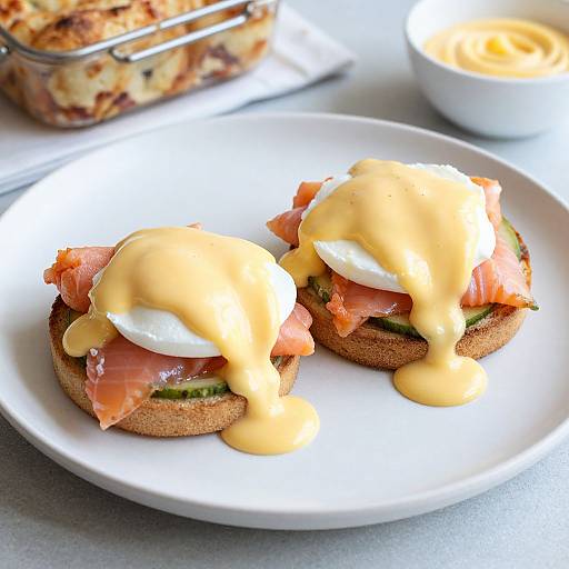 Photograph of two avocado toast egg benedicts with hollandaise sauce, crispy bacon, and fresh tomatoes on a white plate.