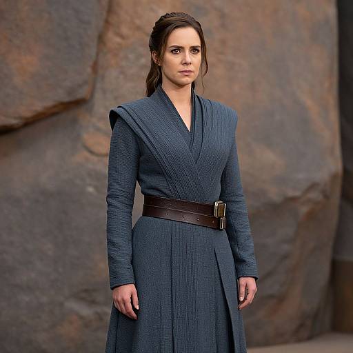 Photograph of a serious woman with dark brown hair in a ponytail, wearing a blue, textured, long-sleeve Jedi robe with a brown