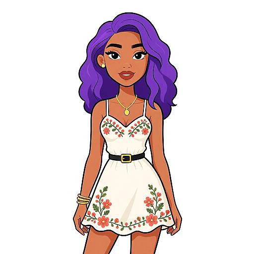 Digital cartoon of a confident, tan-skinned woman with purple hair, wearing a white floral dress, black belt, gold necklace, and bracelets.