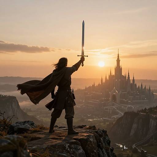 Silhouetted warrior with raised sword stands on rocky peak at sunset, overlooking a majestic, castle-filled medieval town in the distance.