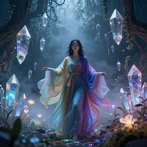 Digital fantasy artwork of a mystical woman with flowing, multicolored robes, surrounded by glowing crystals and ethereal flowers in a foggy forest.