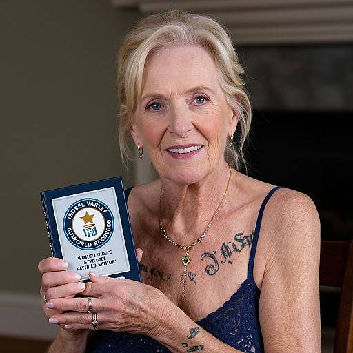 Photograph of a smiling elderly blonde woman with tattoos, holding a 
