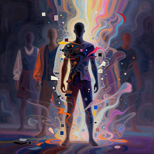 Digital abstract artwork featuring a glowing, silhouette figure with colorful, swirling lights and digital squares, surrounded by blurred, shadowy figures.