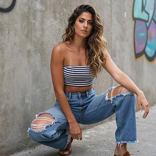 Young Woman in Striped Bandeau and Ripped Jeans