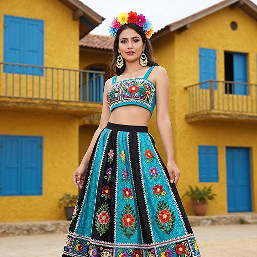 Photograph of a woman in colorful Mexican folk attire, floral headpiece, blue and black embroidered top and skirt, large earrings, yellow and blue ad