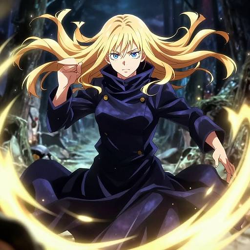 Digital anime artwork of a fierce blonde woman with blue eyes, wearing a dark blue cloak, conjuring glowing yellow energy in a dark, mystical forest.