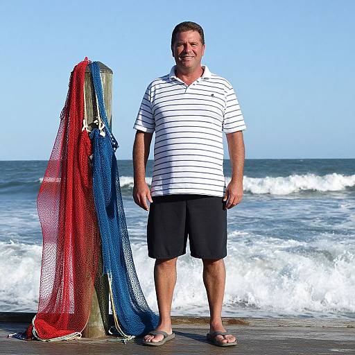 Man Standing on Dock with Fishing Nets