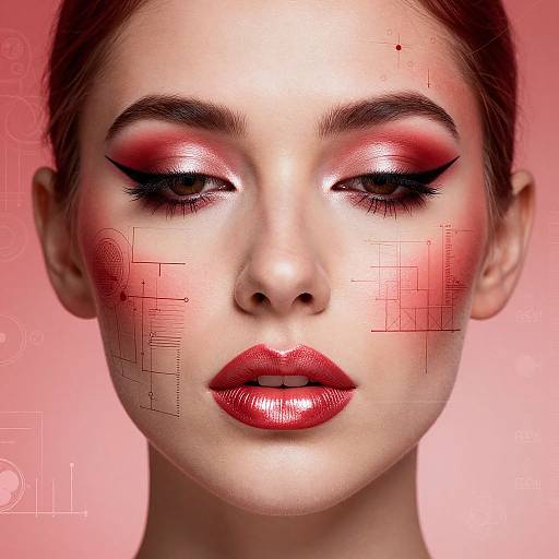 Digital portrait of a fair-skinned woman with red eyeshadow, bold black eyeliner, red lipstick, and geometric patterns on her cheeks against a