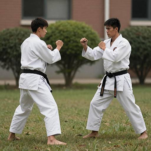 Two Men Practicing Karate Outdoors