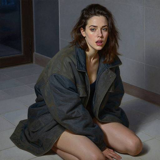 Photograph of a disheveled brunette woman with fair skin, wearing an oversized dark green jacket, crouching on a tiled floor in a dim