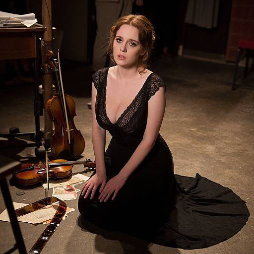 Photograph of a fair-skinned, red-haired woman in a black, laced, deep V-neck gown, kneeling on a concrete floor amidst scattered