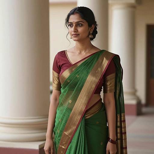 Indian Woman in Green Saree Standing by Columns