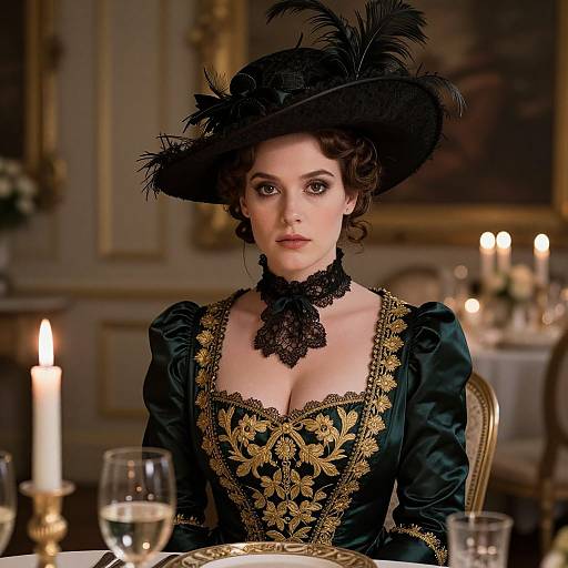 Photograph of a pale-skinned woman with dark hair in an ornate black Victorian dress and feathered hat, seated at a candlelit table.