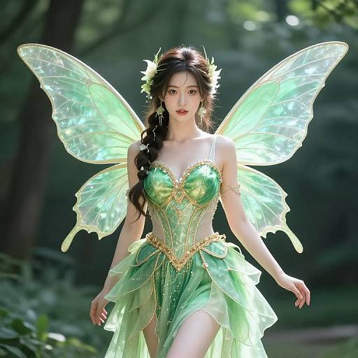 Digital fantasy artwork of a beautiful, green-skinned fairy with glowing, translucent wings, long black hair, green gown with gold trim, and forest background