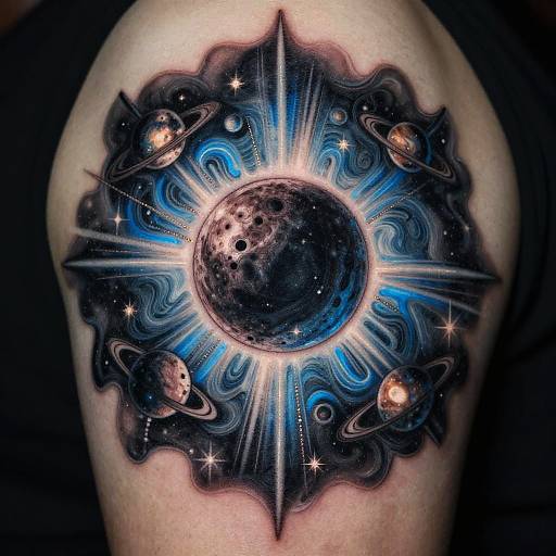 Vivid, detailed tattoo on a person's shoulder: a dark moon at center, surrounded by cosmic swirls, planets, and radiant blue and white
