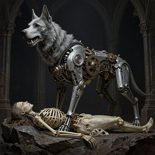 Digital artwork of a cyber wolf with metallic joints, standing over a skeletal humanoid lying on dark, rocky ground in a gothic archway.