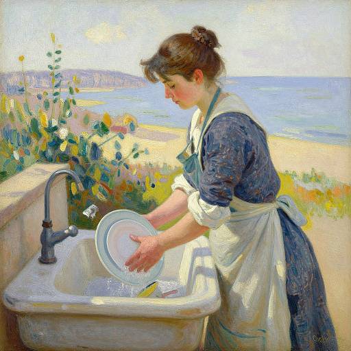 Woman Washing Dishes by the Coast in Impressionist Style