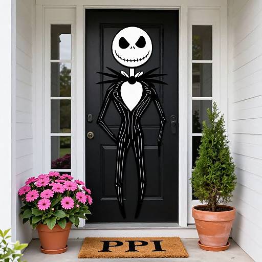Photograph of a black door with a white, Jack Skellington-like face and black-striped figure, flanked by pink flowers and a potted