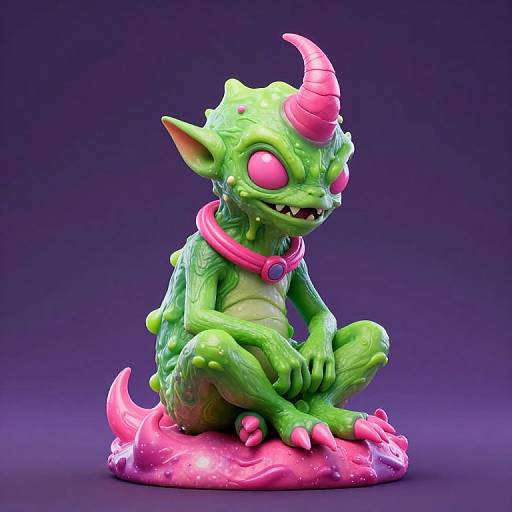 Digital CGI of a cute, green goblin with pink eyes, horn, and collar, sitting on a pink slime base against a purple background.