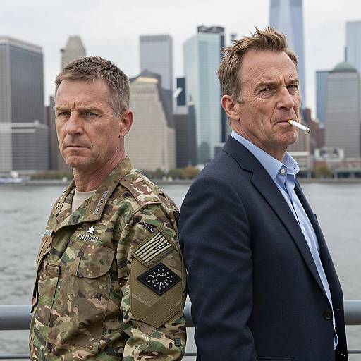 Two Middle-Aged Men Back-to-Back by City Waterfront