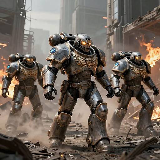 Photorealistic CGI of four metallic, armor-clad, futuristic robots with glowing eyes, marching through a burning, war-torn urban street.