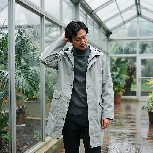 Serene East Asian Man Beside Glass Greenhouse