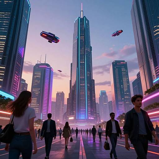 Neon-lit futuristic cityscape at dusk, people walking on a brightly illuminated street, surrounded by towering skyscrapers, with flying cars in the