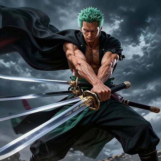 Determined anime warrior with green spiky hair, muscular build, black shirt, and pants, wielding dual glowing swords, against stormy sky. Digital