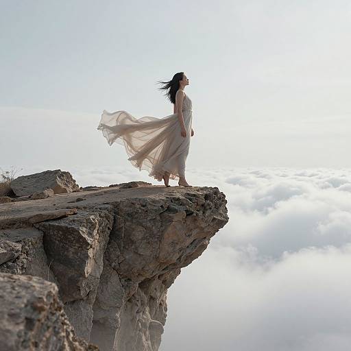 Photograph of a woman with flowing dark hair and white dress standing on a rocky cliff edge, overlooking a bright, cloudy sky.