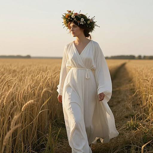 Photograph of a fair-skinned woman with brown hair wearing a white, flowing dress and floral crown, walking through a golden wheat field at sunset.