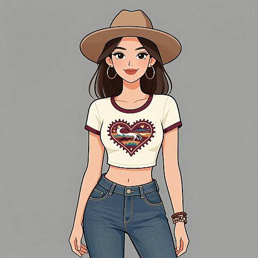 Digital illustration of a smiling Latina woman with long black hair, wearing a brown cowboy hat, white crop top with Superman logo, blue jeans, hoop earrings