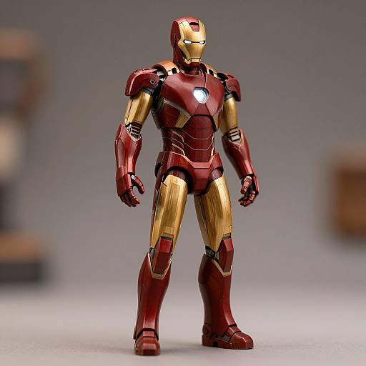 Photograph of a detailed, red and gold Marvel Avengers Iron Man suit with glowing chest arc reactor, standing on a gray studio background.