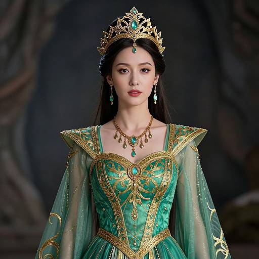 Photograph of an East Asian woman in a green and gold ornate tiara and dress, with matching jewelry, standing against a dark, blurred background