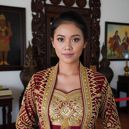 Photograph of a young Asian woman with dark hair in an ornate, gold-embroidered red traditional dress, standing in front of carved wooden