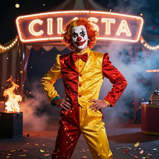 Photograph of a vibrant clown in a red and yellow costume, white face paint with red lips, standing confidently in front of a glowing 
