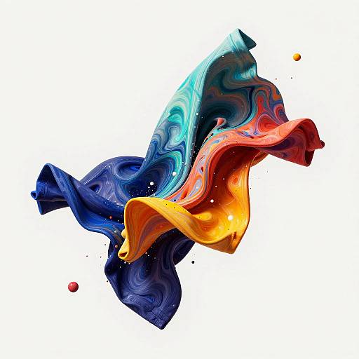 Abstract digital art of swirling, colorful waves in blue, orange, and yellow, with maroon accents, against a white background.